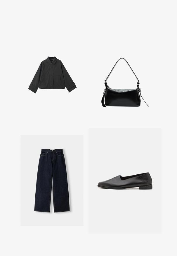 Schwarze, gekürzte Jacke mit Kragen, Knopfverschluss, zwei Fronttaschen und breiten Manschetten an den langen Ärmeln.; Hellblaue Jacke aus weichem, aufgerautem Stoff. Verfügt über gerippte Bündchen und Saum sowie einen runden Ausschnitt. Lässige Passform mit überschnittenen Schultern.; Dunkelblaue, weite Jeans mit hoher Taille, fünf Taschen, Kontrastnähten und silbernem Metallzubehör. Glatte Textur und saubere Verarbeitung.; Schwarze Lederballerina mit glatter Textur. Verfügt über einen niedrigen, rechteckigen Absatz und eine abgerundete Zehenpartie. Schlichtes Design mit minimalen Akzenten.; Schwarze Ledertasche mit einem gewölbten Schultergurt, glatter Textur, rechteckiger Form, Reißverschluss und Akzenten aus silbernem Metall.