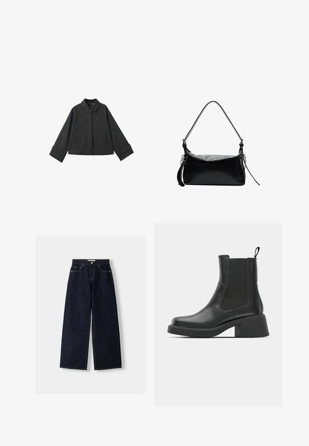 Black cropped jacket with collar, button closure, two front pockets, and wide cuffs on long sleeves.; Light blue sweater made of soft, brushed fabric. Features ribbed cuffs and hem, and a rounded neckline. Relaxed fit with dropped shoulders.; Dark blue denim wide-leg jeans with a high waist, five pockets, contrast stitching, and silver metal hardware. Smooth texture and clean finish.; Black leather ankle boots with elastic side panels, rounded toe, and a chunky block heel. Smooth texture with a minimalistic design.; Black leather handbag with a curved shoulder strap, smooth texture, rectangular shape, zip closure, and silver hardware accents.