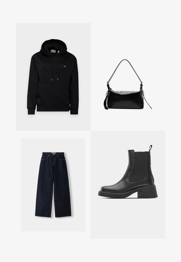 Schwarze, gekürzte Jacke mit Kragen, Knopfverschluss, zwei Fronttaschen und breiten Manschetten an den langen Ärmeln.; Schwarzer Hoodie mit einer Vorderentasche, Kordelzügen und weichem Stoff. Besitzt ein kleines gesticktes Logo auf der Brust und gerippte Bündchen.; Dunkelblaue, weite Jeans mit hoher Taille, fünf Taschen, Kontrastnähten und silbernem Metallzubehör. Glatte Textur und saubere Verarbeitung.; Schwarze Leder-Stiefeletten mit elastischen Seitenpanelen, abgerundetem Zehenbereich und einem klobigen Blockabsatz. Glatte Textur mit einem minimalistischen Design.; Schwarze Ledertasche mit einem gewölbten Schultergurt, glatter Textur, rechteckiger Form, Reißverschluss und Akzenten aus silbernem Metall.