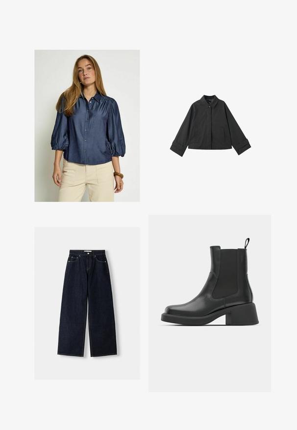 Crna skraćena jakna s ovratnikom, zatvaranje na dugmad, dva prednja džepa i široke manžete na dugim rukavima.; Tamnavo plavi košulja s dugim rukavima i volanima, s ovratnikom, izrađena od glatkog materijala. Ima ravni rub i suptilni sjaj.; Tamno plavi traper široki traperice viskog struka, s pet džepova, kontrastnim šavovima i srebrnim metalnim detaljima. Glatka tekstura i čista obrada.; Crne kožne gležnjače s elastičnim bočnim panelima, okruglim vrhom i debelim blok petama. Glatka tekstura s minimalističkim dizajnom.