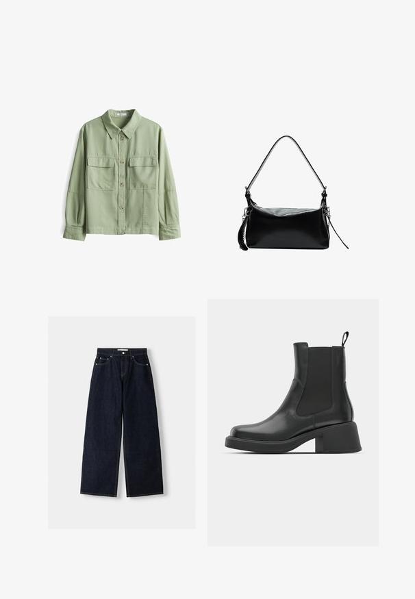 Black cropped jacket with collar, button closure, two front pockets, and wide cuffs on long sleeves.; Green button-up shirt made of soft fabric featuring a collar, two front pockets, and long sleeves with cuff detailing.; Dark blue denim wide-leg jeans with a high waist, five pockets, contrast stitching, and silver metal hardware. Smooth texture and clean finish.; Black leather ankle boots with elastic side panels, rounded toe, and a chunky block heel. Smooth texture with a minimalistic design.; Black leather handbag with a curved shoulder strap, smooth texture, rectangular shape, zip closure, and silver hardware accents.