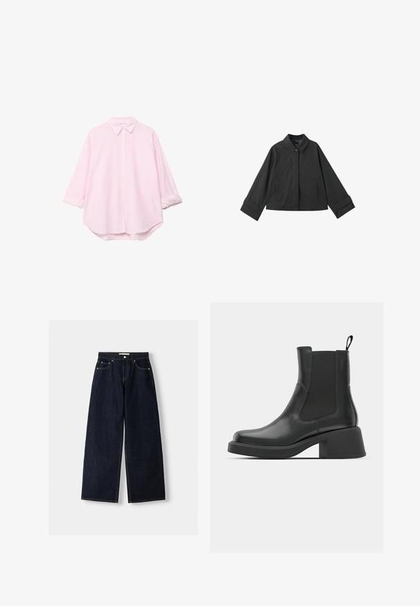 Sort cropped jakke med krave, knaplukning, to frontlommer og brede manchetter på de lange ærmer.; Lys rosa langærmet skjorte med knapper og hvide lodrette striber, med klassisk krave og opkrøllede manchetter, lavet af åndbart materiale.; Mørkeblå denim wide-leg jeans med høj talje, fem lommer, kontraststing og sølvfarvet metalbeslag. Glat overflade og pæn finish.; Sorte læder ankelstøvler med elastiske sidepaneler, afrundet tå og en kraftig blokhæl. Glat tekstur med et minimalistisk design.