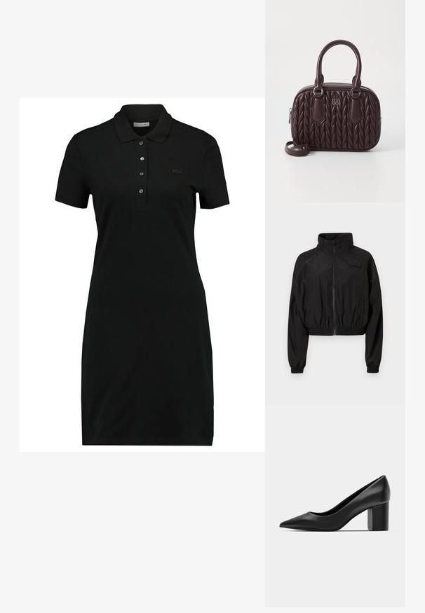 Fekete, rövid szabású dzseki, könnyű anyagból készült. Magas gallérral, rugalmas mandzsettával és elől cipzárral rendelkezik. Diszkrét logó díszíti a mellrészt.; Fekete pólóruha rövid ujjakkal, gallérral, három gombos patentes záródással és diszkrét logóval a mellkasán. Simogató, puha anyagból készült.; Fekete bőr bokapumpa hegyes orral és vastag négyzetes sarkal. Simaságot árasztó textúra, letisztult design, alkalmas formális környezetekhez.; Burgundi bőr kézitáska steppelt mintával, dupla felső fogantyúval és levehető pánttal. Ezüstszínű hardverrel és dombornyomott logóval rendelkezik.