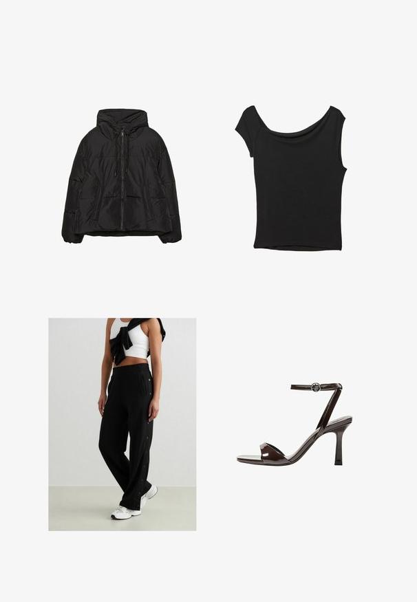 Veste doudoune noire avec fermeture éclair, capuche à cordon de serrage et poches latérales ; fabriquée en matériau brillant avec une texture matelassée.; Haut noir à manches courtes en tissu lisse ; il présente un col drapé et un ourlet asymétrique, avec un corps ajusté.; Pantalon de jogging noir avec boutons pression sur le côté, taille élastique et deux poches latérales. Le tissu semble doux avec une texture lisse.; Sandale à talon haut en cuir verni marron avec une bride de cheville, bout ouvert et un design épuré et minimaliste. Présente un talon carré.