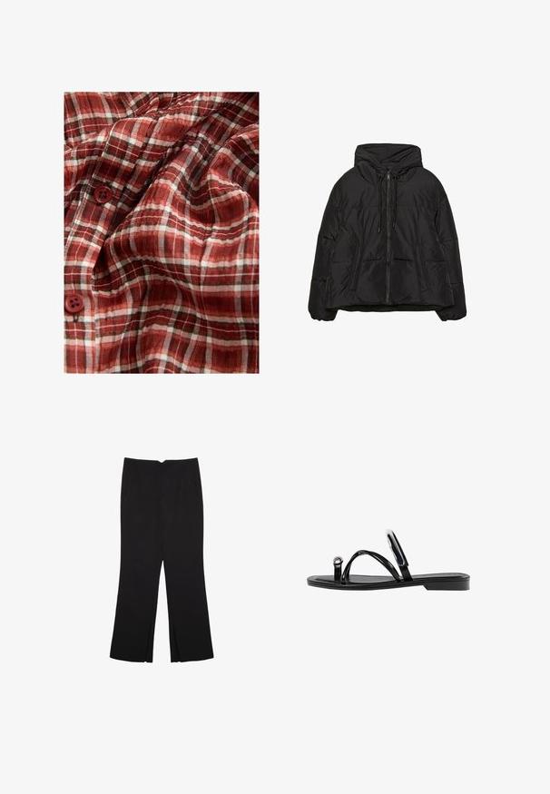 Sort pufferjakke med lynlås, snoretræk i huen og sidelommer; lavet af skinnende materiale med en quiltet tekstur.; Rødt og hvidt ternet stof med en let tekstur, der har fire knapper. Mønstret inkluderer fine sorte linjer for detalje.; Sorte bukser med lige pasform, der har frontlommer og slidser i kanten. Lavet af blødt, glat stof. Velegnet til forskellige anledninger.; Sorte flade sandaler med en blank finish, tre tynde stropper og en cirkulær hardwaredetalje ved tæerne. Slankt design med en minimal hæl.
