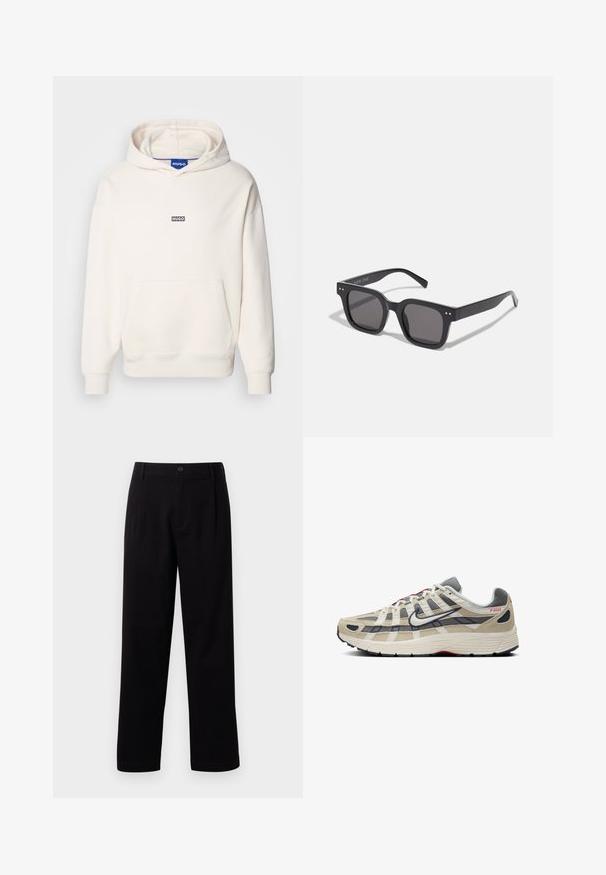 Ljusbeige skjortjacka i mjukt tyg, med en spetsig krage, två bröstfickor och långa ärmar. Minimalistisk design.; Ljusgrå hoodie tillverkad av bomullsblandning, med en stor ficka fram, ribbade ärmslut och en liten svart "HUGO"-logotyp på bröstet.; Svarta och vita t-shirts med rund hals, kort ärm, tillverkade av bomullstyg, slät textur, med varumärke på halsringningen.; Svarta tygbyxor med rak passform, framfickor och en enda knappstängning. Slät textur utan synliga mönster.; Beige löparskor med grått nät och mockadetaljer, vita accenter, svart sula, röd märkning och unik korshatch-design på övre delen.; Svarta rektangulära solglasögon med mörka linser, med en tjock ram, diskreta detaljer på sidorna och inga synliga logotyper förutom varumärket.; Ljus beige canvas tote-väska med dubbla handtag, med "SAMSOE"-logotypen tryckt i vitt på framsidan. Rektangulär form med enkel design.