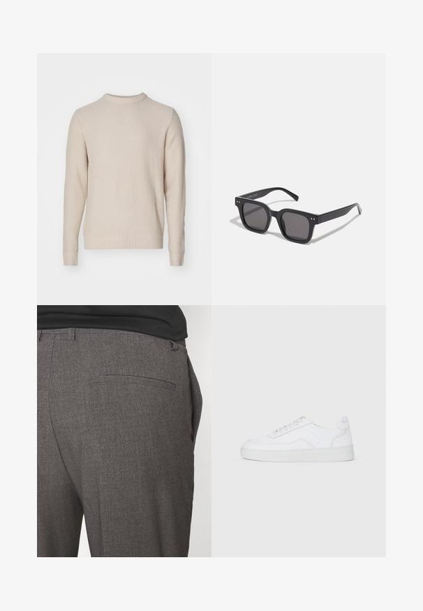 Giacca button-up beige chiaro realizzata in tessuto morbido, con colletto a punta, due tasche sul petto e maniche lunghe. Design minimalista.; Maglione a maglia color beige chiaro con un motivo testurizzato, scollo tondo, polsini e orlo a costine, realizzato in un materiale morbido e caldo.; Pantaloni grigi su misura con una texture liscia, dotati di una sola tasca posteriore e un design slim fit. Il tessuto presenta un motivo sottile.; Sneaker bassa bianca con lacci, tomaia liscia e suola in gomma su sfondo chiaro.; Occhiali da sole neri rettangolari con lenti scure, dotati di una montatura spessa, accenti sottili sui lati e senza loghi visibili oltre al nome del marchio.; Borsa in tela di colore beige chiaro con manici doppi, con il logo "SAMSOE" stampato in bianco sul davanti. Forma rettangolare con design semplice.
