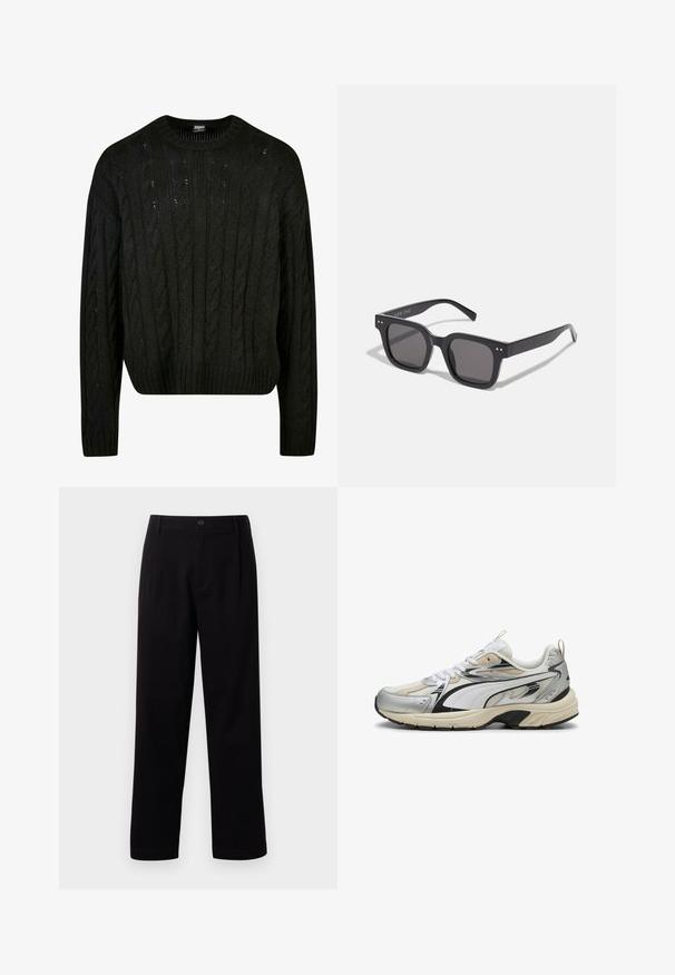 Jasnobeżowa kurtka zapinana na guziki, wykonana z miękkiego materiału, z ostro zakończonym kołnierzem, dwiema kieszeniami na piersi i długimi rękawami. Minimalistyczny design.; Czarny sweter z dzianiny z wzorami w warkocz, okrągłym dekoltem, opadającymi ramionami i ściągaczem. Średniej długości krój z teksturowanym wykończeniem.; Czarno-białe t-shirty z okrągłym dekoltem, krótki rękaw, wykonane z bawełnianej tkaniny, gładka tekstura, z logo na dekolcie.; Czarne spodnie materiałowe o prostym kroju, z fałdami z przodu i pojedynczym zapięciem na guzik. Gładka tekstura i brak widocznych wzorów.; Sneakers w kolorystyce srebrno-biało-czarnej, wykonane z siatkowych i syntetycznych materiałów, z teksturowaną podeszwą i kontrastującymi akcentami.; Czarne prostokątne okulary przeciwsłoneczne z ciemnymi soczewkami, charakteryzujące się grubą oprawką, subtelnymi akcentami po bokach i brakiem widocznych logo poza nazwą marki.; Beżowa torba płócienna na ramię z dwoma uchwytami, z dużym ciemnobrązowym napisem logo "THE NORTH FACE" oraz półokrągłym elementem graficznym.