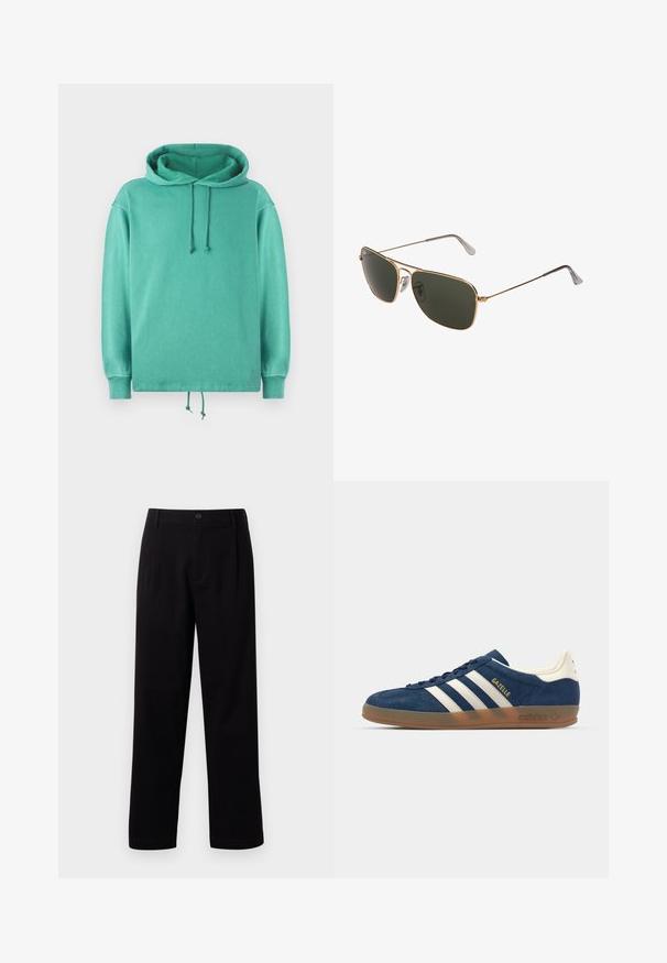 Giacca button-up beige chiaro realizzata in tessuto morbido, con colletto a punta, due tasche sul petto e maniche lunghe. Design minimalista.; Felpa verde menta realizzata in tessuto morbido con una vestibilità rilassata, caratterizzata da un collo ampio, lacci e polsini a costine.; Pantaloni in tessuto nero con taglio dritto, pieghe frontali e chiusura a un bottone. Tessuto liscio e privo di motivi visibili.; adidas Originals GAZELLE INDOOR - Sneakers basse - night indigo/off white/gold metallic; Occhiali da sole aviator in metallo dorato con grandi lenti verde scuro, caratterizzati da una montatura sottile e paduli nasali trasparenti per il comfort.; Borsa da viaggio in suede marrone con dettagli in pelle marrone scuro, doppi manici e tracolla regolabile; forma rettangolare, chiusura con zip.