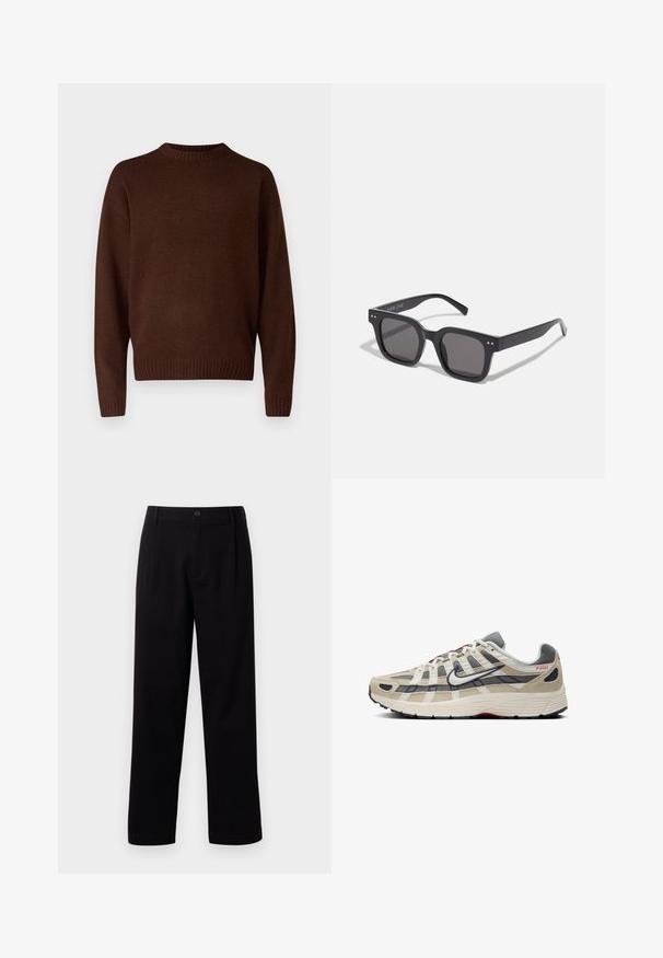 Ljusbeige skjortjacka i mjukt tyg, med en spetsig krage, två bröstfickor och långa ärmar. Minimalistisk design.; Brun stickad tröja med rund halsringning, långa ärmar och ribbade muddar. Materialet är texturerat och ger ett mjukt utseende.; Svarta och vita t-shirts med rund hals, kort ärm, tillverkade av bomullstyg, slät textur, med varumärke på halsringningen.; Svarta tygbyxor med rak passform, framfickor och en enda knappstängning. Slät textur utan synliga mönster.; Beige löparskor med grått nät och mockadetaljer, vita accenter, svart sula, röd märkning och unik korshatch-design på övre delen.; Svarta rektangulära solglasögon med mörka linser, med en tjock ram, diskreta detaljer på sidorna och inga synliga logotyper förutom varumärket.; Bomullstygväska i krämfärg med en stor teal-färgad logotyp med böjda linjer. Väskan har hållbara tyghandtag för enkel bärning.