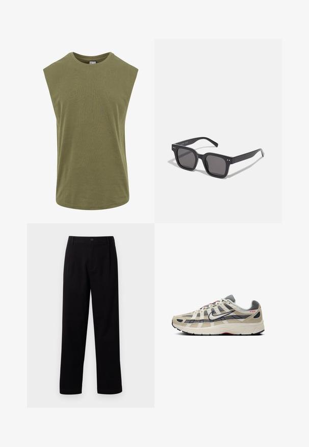 Svijetlosmeđi sako na kopčanje izrađen od mekanog materijala, s oštrim ovratnikom, dva džepa na prsima i dugim rukavima. Minimalistički dizajn.; Majica bez rukava u maslinasto zelenoj boji, napravljena od mekanog pamuka, s okruglim izrezom i slobodnim, opuštenim krojem s glatkom, ujednačenom teksturom.; Crne pamučne hlače ravnog kroja, s prednjim nabranim detaljima i jednim gumbom za zatvaranje. Glatka tekstura bez vidljivih uzoraka.; Bež tenisica za trčanje sivi mrežasti i svilenim detaljima, bijelim akcentima, crnim potplatom, crvenim brendom i jedinstvenim križastim dizajnom na gornjem dijelu.; Crne pravokutne sunčane naočale s tamnim lećama, debljeg okvira, suptilnim naglascima sa strane i bez vidljivih logotipa osim imena brenda.; Platnena torba u krem boji s plavim plohama i dnom. Ima prednju džep i oznaku koja prikazuje "PIER ONE." Čvrst dizajn.