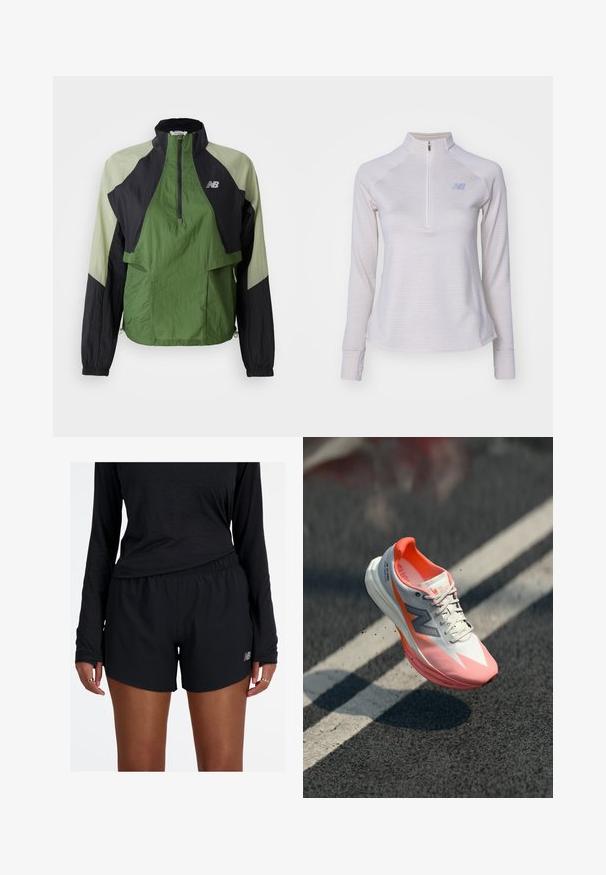 Zaļa un melna viegla jaka ar ceturtdaļas rāvējslēdzēju, elastīgiem aproču galiem, divām priekšējām kabatām un kontrastējošām paneļiem teksturētā audumā.; Gaiši pelēks garām piedurknēm pus-zip puloveris ar smalkām svītrām, mīkstu tekstūru un mazu logo uz krūtīm. Iekļautas pieguļošas piedurknes.; Melni sporta šorti ar elastīgu jostu un atstarojošu logo. Audums izskatās viegls un gluds, ar brīvu piegriezumu.; Skriešana apavi ar baltu un rozā augšdaļu, ar sietveida tekstūru, atstarojošiem akcentiem un mīkstinātu zoli. Vieglas konstrukcijas, lai uzlabotu sniegumu.