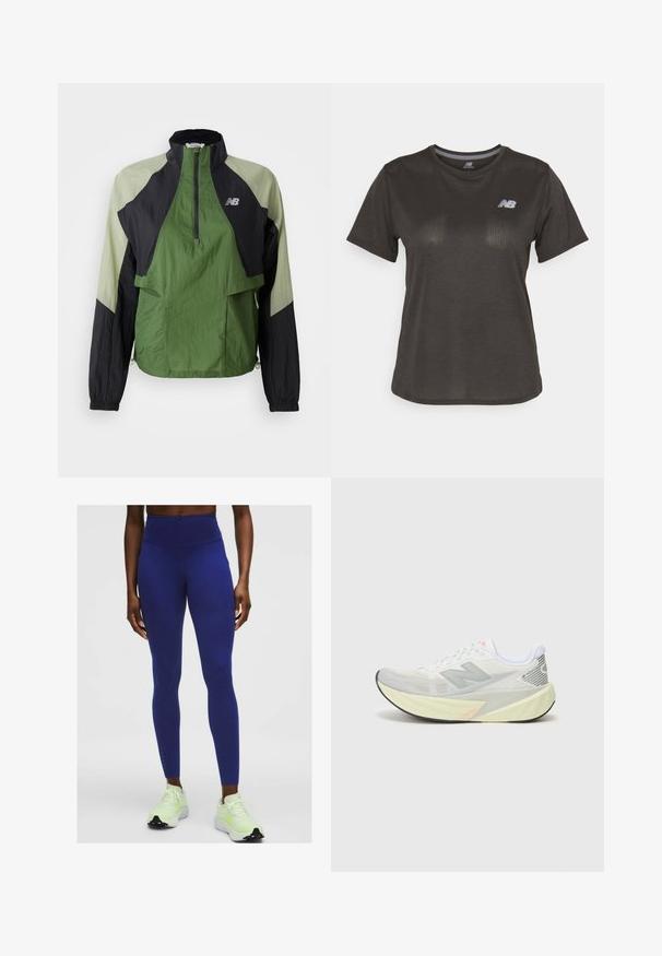 Green and black lightweight jacket with a quarter zip, elastic cuffs, two front pockets, and contrasting panels in a textured fabric.; Black athletic t-shirt with short sleeves, made from lightweight fabric. Features a subtle textured pattern and a small white logo on the chest.; Person wearing high-waisted, dark blue leggings and off-white running shoes with neon green accents, standing against a plain light background.; Lightweight running shoe with a grey and white mesh upper, a prominent 'N' logo, and a yellow midsole with angled accents. Black outsole.