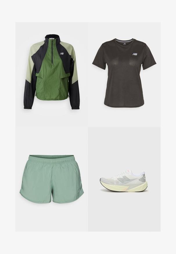 Vihreä ja musta kevyt takki, jossa on neljänneksen vetoketju, joustavat hihansuut, kaksi etutaskua ja kontrastiväriset paneelit teksturoidussa kankaassa.; Musta urheilupaita lyhyillä hihoilla, valmistettu kevyestä kankaasta. Sisältää hillittyä tekstuurikuviointia ja pienen valkoisen logon rinnassa.; Vaaleanvihreät urheilushortsit, joissa on joustava vyötärö, sivurei'ät ja logoyksityiskohta alhaalla edessä. Valmistettu sileästä, hengittävästä materiaalista.; Kevyt juoksukenkä, jossa on harmaa ja valkoinen verkkomateriaali, huomattava 'N' logo sekä keltainen välipohja, jossa on kaltevia yksityiskohtia. Musta ulkopohja.