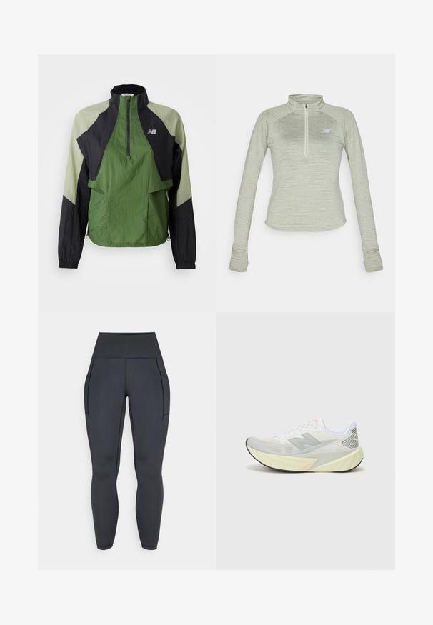 Giacca leggera verde e nera con zip a un quarto, polsini elasticizzati, due tasche frontali e pannelli a contrasto in un tessuto testurizzato.; New Balance ATHLETICS GRID 1/2 ZIP - Maglietta a manica lunga - garter snake heather; Leggings neri a vita alta realizzati in un tessuto elastico e morbido. Presentano due tasche laterali e cuciture a contrasto lungo le cuciture.; Scarpa da corsa leggera con una tomaia in mesh grigia e bianca, un prominente logo 'N' e un'intersuola gialla con accenti angolati. Suola nera.