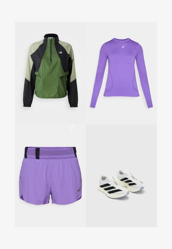 Vihreä ja musta kevyt takki, jossa on neljänneksen vetoketju, joustavat hihansuut, kaksi etutaskua ja kontrastiväriset paneelit teksturoidussa kankaassa.; Pitkähihainen urheilu paita vaalean violetista kankaasta, jossa on tiukka malli, pyöreä kaula-aukko ja hienovarainen tekstuuri, sekä logo-yksityiskohta rinnassa.; ASICS METARUN SPLIT SHORT - Urheilushortsit - edo purple; Valkoiset urheilukengät mustilla raidoilla ja brändäyksellä, joissa on verkkomateriaali, pyöreä kärki ja paksu kermanvärinen pohja pehmusteena.