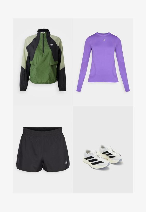Grøn og sort letvægtsjakke med kvart lynlås, elastiske manchetter, to frontlommer og kontrastpaneler i et tekstureret stof.; Langærmet træningstrøje i lyse lilla stof, med en tætsiddende pasform, rund hals og subtil struktur med logo detaljer på brystet.; Sorte atletiske shorts med elastisk talje, glat tekstur, buet kant og side mesh-detaljer. Har et lille logo foran.; Hvide sportsko med sorte striber og branding, med en mesh-overdel, afrundet tå og tyk cremefarvet sål til polstring.