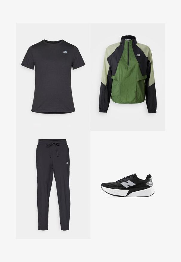 Grønn og svart lettvektjakke med kvart glidelås, elastiske mansjetter, to frontlommer og kontrasterende paneler i en teksturert stoff.; Svart kortermet t-skjorte laget av myk stoff, med en liten grå New Balance-logo på øvre venstre bryst, klassisk rund hals design.; Svarte joggebukser laget av lett materiale med elastisk midje og justerbar snor. Har en liten logo på siden.; Svart-og-hvitt New Balance joggesko med tykk såle, mesh-overdel og "N"-logo på siden, sett fra utsiden.