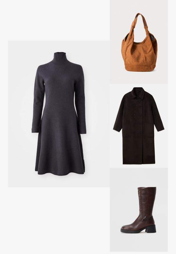 Tmavě hnědý dlouhý vlněný kabát s dvojitým zapínáním na knoflíky, širokým límcem, dlouhými rukávy a dvěma velkými předními kapsami.; Tmavě šedé šaty s dlouhými rukávy a vysokým límcem. A-liniová silueta, jemná textura a lem, který se na spodní části rozšiřuje.; Hnědá kožená vysoká bota do kolen s texturovaným povrchem, čtveratou špičkou a nízkým blokovým podpatkem. Má boční prošívání a mírně rozšířený vršek.; Hnědá semišová kabelka přes rameno s jemnou texturou, zakřiveným tvarem a dvěma držadly. Má minimalistický design bez viditelného kování nebo akcentů.