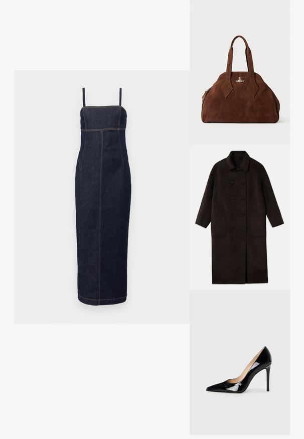 Tumši brūns, garš vilnas mētelis ar dubultām pogām, plašu apkakli, garām piedurknēm un divām lielām priekšējām kabatām.; WEEKEND MaxMara OSOL - Pārliekama kleita - blu; Melnā lakota ādas augstpapēžu kurpe ar norādītas formas purngalu un elegantu siluetu. Iespēj gludu, spīguļojošu apdari un šauru stiletto papēdi.; Brūns zamšādas rokassoma ar strukturētu formu, noapaļotu korpusu un pagarinātām dimanta formas rokturiem. Aprīkota ar sudraba krāsas aizdari.