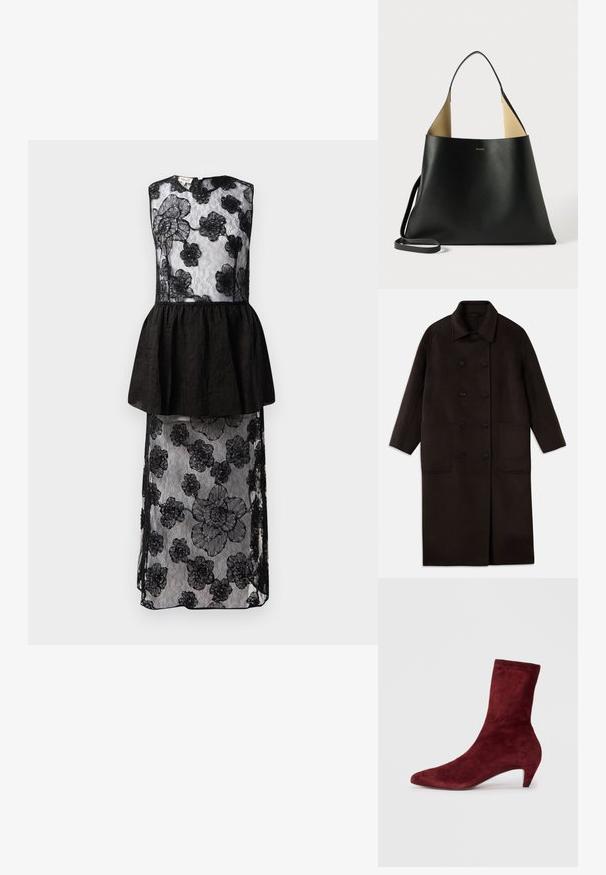 Palton lung, din lână, de culoare maro închis, cu nasturi dubli, guler larg, mâneci lungi și două buzunare mari în față.; Rochie neagră cu un overlay din dantelă cu motive florale, talie peplum, design fără mâneci și o siluetă lungă, fluidă.; Botine din suede burgund cu vârf ascuțit și toc jos. Textură netedă și design ajustat fără hardware sau modele vizibile.; Geantă tote din piele neagră, cu un design spațios și unghiular. Dispune de un interior contrastant bej și o curea subțire pentru umăr. Branding minimalist afișat.
