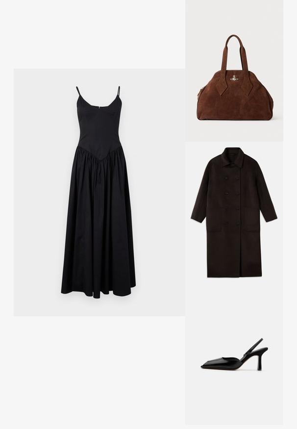 Tamsiai rudas, ilgas vilnonis paltas su dvigubais mygtukais, plačiu apykakle, ilgomis rankovėmis ir dviem didelėmis priekinėmis kišenėmis.; Juoda maksi suknelė su plonomis petnešomis, prigludusia liemene ir susiraukšlinta sijona. Pagaminta iš lengvos medžiagos, turinčios lygaus paviršiaus ir subtilaus blizgesio.; Juodas odinis slingback kulnas su smailiu nosiu, minimalizmo stilius, plonas kulkšnies dirželis ir elegantiškas stiletto kulnas. Lygus paviršius.; Ruda zomšo rankinė su struktūrine forma, apvaliu kūnu ir pailgom rombo formos rankenom. Yra sidabro spalvos uždarymo mechanizmas.