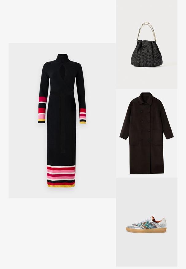 Sötétbarna, hosszú gyapjúszövet kabát dupla gombos záródással, széles gallérral, hosszú ujjaival és két nagy elülső zsebbel.; Fekete kötött ruha magas gallérral, keresztbe fordított dizájnnal, hosszú ujjakkal, amelyek színes csíkos díszítést kapnak rózsaszín, piros és sárga színben az ujjak végén és az alján.; Fémes ezüst színű felsőrésszel rendelkező sneakers, színes textúrált mintákkal, fehér fűzőkkel és gumi talppal. Kiegészítők között szerepel egy barna sarkú fül.; Fekete textúrájú kézi táska halszálka mintával, ráncolt dizájnnal és fém lánc fogantyúval. Puha anyaga elegáns megjelenést biztosít.