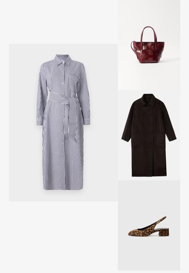 Tmavě hnědý dlouhý vlněný kabát s dvojitým zapínáním na knoflíky, širokým límcem, dlouhými rukávy a dvěma velkými předními kapsami.; Pruhované šaty košilového střihu s límečkem, dlouhými rukávy, předním zapínáním na knoflíky, páskem v oblasti pasu a jednou náprsní kapsou. Barvy jsou námořnická modrá a bílá.; Dámské lodičky s leopardím vzorem, s nízkým blokovým podpatkem a zlatou sponou na bočním pásku, zobrazené v bočním profilu na jednoduchém pozadí.; Tkaná bordó kožená taška přes rameno s dvěma krátkými uchy a odnímatelným ramenním popruhem. Má strukturovaný tvar a hladkou texturu.