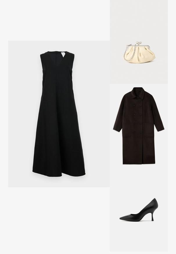 Dunkelbrauner, langer Wollmantel mit doppelreihigen Knöpfen, breitem Kragen, langen Ärmeln und zwei großen vorderen Taschen.; Schwarzes ärmelloses Kleid mit V-Ausschnitt, lockerer Passform und vollem Rock. Der Stoff wirkt glatt und hat keine sichtbaren Muster oder Akzente.; Schwarze Leder-Pumps mit hohen Absätzen und spitz zulaufender Zehenpartie, die eine glatte Textur und eine klassische Silhouette aufweisen.; Faltige beigefarbene Ledertasche mit einem silbernen Metallrahmen, ausgestattet mit zwei runden dekorativen Verschlüssen und einem silbernen Kettenriemen.