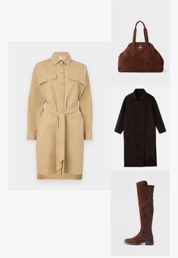 Cappotto lungo in lana marrone scuro, con bottoni doppi, ampio colletto, maniche lunghe e due grandi tasche frontali.; Abito camicia khaki con collo a revers, maniche lunghe, chiusura a bottoni sul davanti, due tasche sul petto e una cintura legata in vita. Tessuto morbido al tatto.; Stivale alto in suede marrone e tessuto con tacco nero basso e punta arrotondata, mostrato in vista laterale su sfondo bianco puro.; Borsa in suede marrone con una forma strutturata, corpo arrotondato e manici a forma di diamante allungati. Presenta una chiusura in metallo argentato.