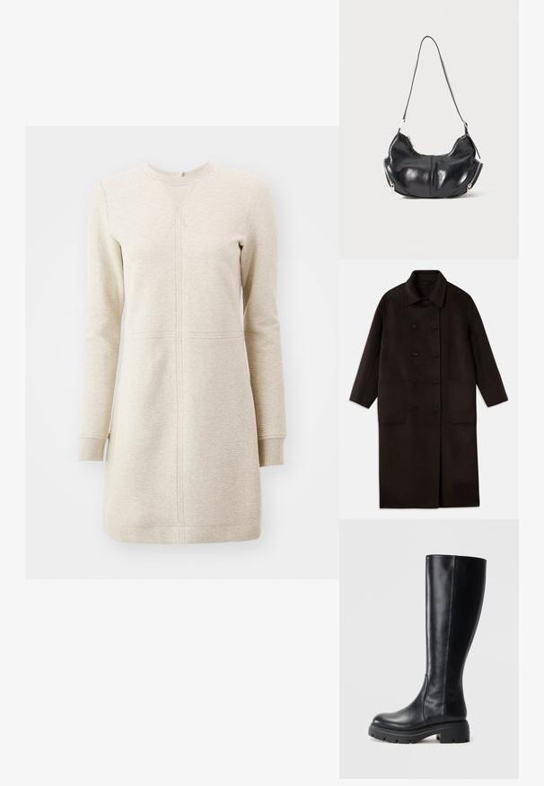 Tmavě hnědý dlouhý vlněný kabát s dvojitým zapínáním na knoflíky, širokým límcem, dlouhými rukávy a dvěma velkými předními kapsami.; Světle béžové šaty s dlouhým rukávem, vyrobené z texturované tkaniny, s kulatým výstřihem a švy podél přední části a rukávů.; Černé kozačky po kolena vyrobené z hladké kůže, s kulatou špičkou a robustní gumovou podrážkou s dezény pro lepší trakci.; Černá kožená taška ve tvaru půlměsíce s stříbrnými zipy po obou stranách a jedním popruhem.