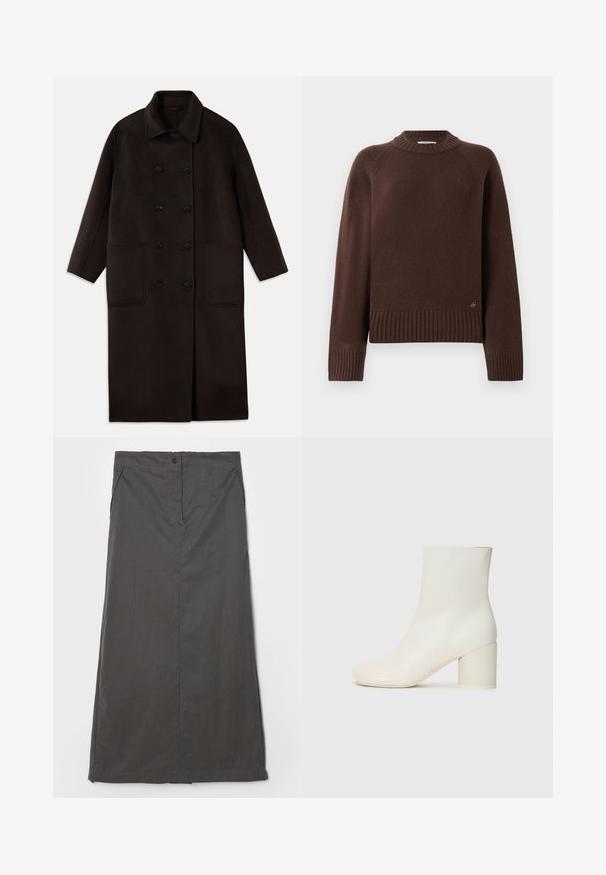 Tumši brūns, garš vilnas mētelis ar dubultām pogām, plašu apkakli, garām piedurknēm un divām lielām priekšējām kabatām.; Tumši brūns vilnas džemperis ar ribotām piedurknēm, apakšmalu un augstu apkakli, ar mazu metāla logotipu tuvu apakšmalai uz vienkrāsaina fona.; Pelēka svārku izgatavoti no viegla materiāla, ar taisnu dizainu, priekšējām kabatām, vienu pogu aizdari un smalkām šuvju detaļām.; Baldais ādas potītes zābaks ar noapaļotu purngalu un masīvu cilindrisku papēdi. Gluda tekstūra, minimāls dizains, nav redzamu aksesuāru vai rakstu.