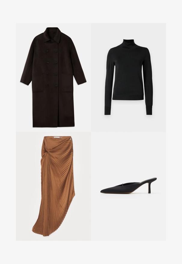 Dunkelbrauner, langer Wollmantel mit doppelreihigen Knöpfen, breitem Kragen, langen Ärmeln und zwei großen vorderen Taschen.; Schwarzer Langarmrollkragenpullover mit gerippten Bündchen und Saum, auf einem schlichten weißen Hintergrund präsentiert.; Brauner Faltenrock mit einer Twist-Gestaltung an der Taille, der eine glatte Textur und einen seitlichen Reißverschluss hat.; Schwarze spitz zulaufende Mule mit einem eleganten Design, aus glattem Material gefertigt, verfügt über einen schmalen Absatz und eine offene Ferse für ein einfaches An- und Ausziehen.