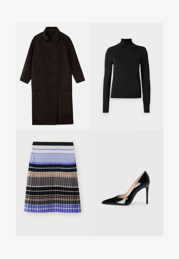 Tamno smeđi, dugi kaput od vune s dvostrukim dugmadi, širokim ovratnikom, dugim rukavima i dva velika prednja džepa.; Crna dugosruga majica s rolijom i rebrastim manžetama i donjim rubom, prikazana na jednostavnoj bijeloj pozadini.; MUNTHE MARMING - Suknja A kroja - multi-coloured; Crne lakirane kožne štikle s dizajnom ušiljenog nosa i elegantnom siluetom. Imaju glatku, sjajnu završnu obradu i vitak stiletto potplat.