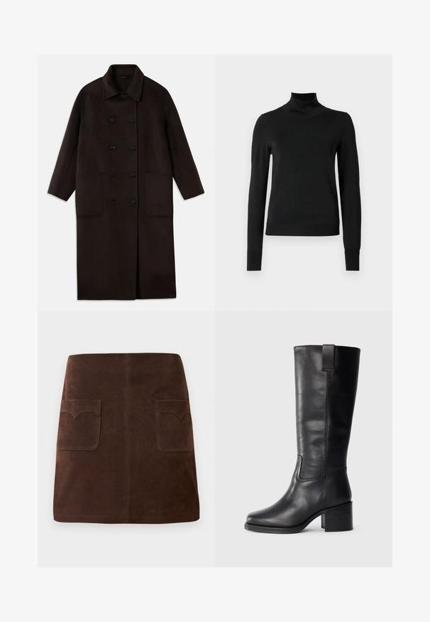 Dark brown, long wool coat with double-breasted buttons, wide collar, long sleeves, and two large front pockets.; Black long-sleeve turtleneck sweater with ribbed cuffs and hem, displayed on a plain white background.; Brown suede skirt featuring a classic A-line shape, two front pockets with rounded flaps, and subtle stitching details.; Black leather knee-high boots with a smooth texture, square toe, block heel, and side pull tab, featuring minimal stitching details.