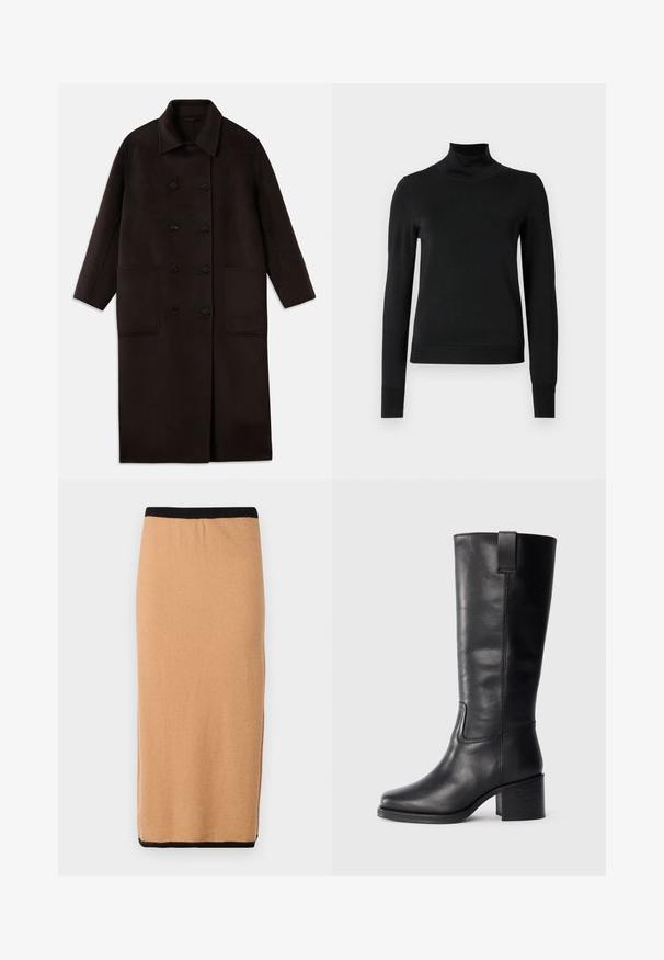 Sötétbarna, hosszú gyapjúszövet kabát dupla gombos záródással, széles gallérral, hosszú ujjaival és két nagy elülső zsebbel.; Fekete, hosszú ujjú garbós pulóver bordás mandzsettákkal és aljjal, sima fehér háttér előtt bemutatva.; Térd alá érő, teveszínű kötött szoknya fekete elasztikus derékpánttal és sima textúrával. Egyszerű dizájn, nincsenek látható minták vagy kiegészítők.; Fekete bőr, térd fölé érő csizmák sima textúrával, négyzetes orral, tömbsarkúval és oldalsó húzófüllel, minimális varrási részletekkel.