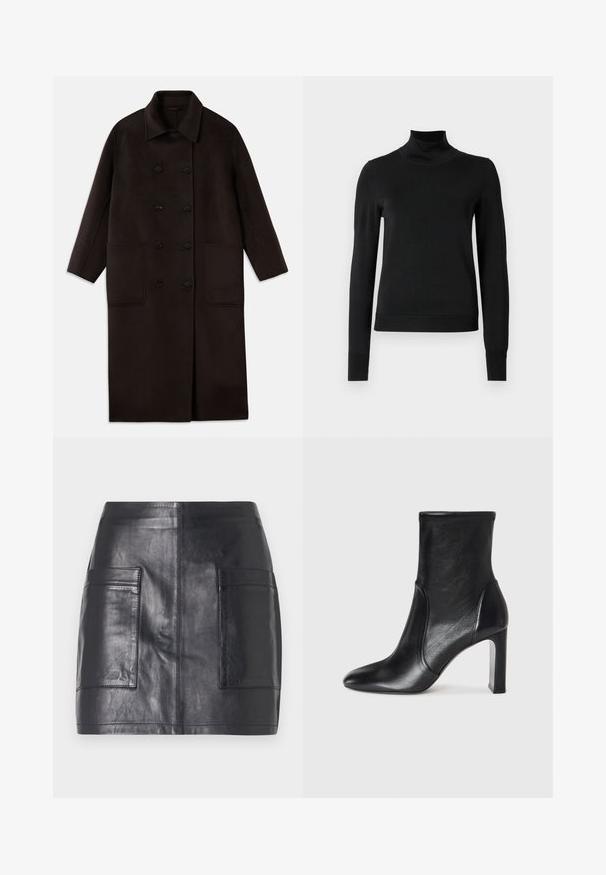 Donkerbruin, lange wollen jas met dubbelrijgsluiting, brede kraag, lange mouwen en twee grote voorzakken.; Zwarte trui met lange mouwen en col, voorzien van geribde manchetten en zoom, weergegeven op een effen witte achtergrond.; Zwarte leren mini rok met twee zijzakken, een soepele textuur, een aansluitend ontwerp en strakke lijnen zonder extra versieringen.; Zwarte leren enkelboot met een slank ontwerp, spitse neus en hoge blokhak. Heeft een gladde textuur en minimalistische stikseldetails.