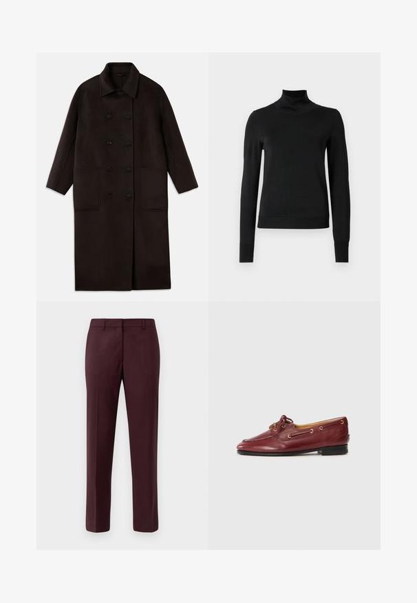 Donkerbruin, lange wollen jas met dubbelrijgsluiting, brede kraag, lange mouwen en twee grote voorzakken.; Zwarte trui met lange mouwen en col, voorzien van geribde manchetten en zoom, weergegeven op een effen witte achtergrond.; Bordeaux op maat gemaakte broek van gladde stof. Heeft een platte voorkant, slim fit en geen zichtbare zakken of versieringen.; Bordeaux leren boot schoenen met een ronde neus, vetersluiting, gouden oogjes en een lage zwarte zool. Gladde textuur met stiksels.