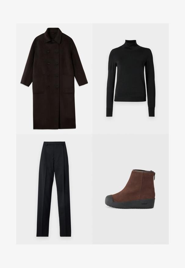 Palton lung, din lână, de culoare maro închis, cu nasturi dubli, guler larg, mâneci lungi și două buzunare mari în față.; Pulover negru cu mânecă lungă și guler tip colier, cu manșete și tiv cu elastic, expus pe un fundal alb simplu.; Pantaloni negri dintr-un material neted, cu talie înaltă, picioare largi, pliuri frontale și loop-uri clasice pentru curea. Fără buzunare laterale vizibile.; Botă ankle din suede maro, cu vârf rotunjit, talpă din cauciuc texturat negru și fermoar pe lateral. Branding subtil pe toc și lângă fermoar.