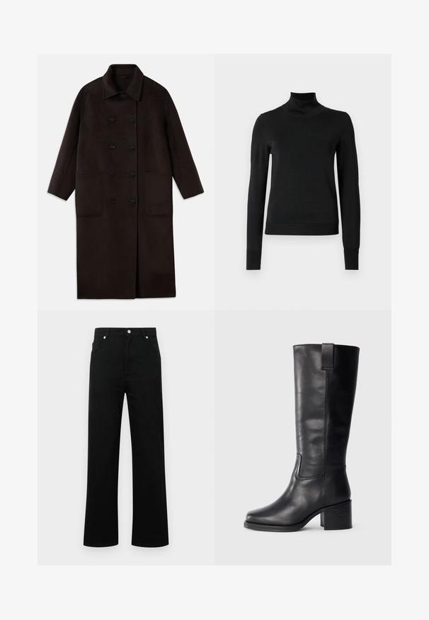 Casaco de lã longo, castanho escuro, com botões duplos, colarinho largo, mangas longas e dois grandes bolsos frontais.; Sweater preto de manga longa com gola alta, com punhos e bainha canelados, exposto em um fundo branco liso.; Jeans de denim preto com cintura alta, corte reto, dois bolsos frontais, fecho de botão e design minimalista.; Botas altas de couro preto com textura suave, bico quadrado, salto bloco e puxador lateral, apresentando detalhes de costura mínimos.
