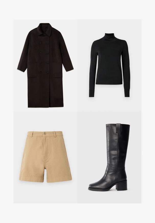 Ciemnobrązowy, długi wełniany płaszcz z podwójnymi guzikami, szerokim kołnierzem, długimi rękawami i dwiema dużymi kieszeniami z przodu.; Czarny sweter z długim rękawem i stojącym kołnierzem, z prążkowanymi mankietami i dołem, zaprezentowany na białym tle.; Beżowe szorty wykonane z bawełny, charakteryzujące się klasycznym designem z guzikiem z przodu i szlufkami na pasek. Gładka tekstura z bocznymi kieszeniami.; Czarne skórzane botki do kolan o gładkiej fakturze, kwadratowym nosku, słupku oraz bocznym uchwycie, z minimalistycznymi detalami w postaci szwów.