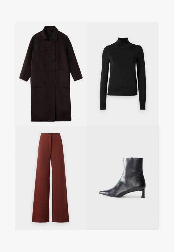 Cappotto lungo in lana marrone scuro, con bottoni doppi, ampio colletto, maniche lunghe e due grandi tasche frontali.; Pullover nero a maniche lunghe con collo alto, rifinito con polsini e orlo a coste, mostrato su uno sfondo bianco semplice.; Pantaloni a gamba larga in tessuto rosso scuro, con chiusura a bottone e un dettaglio con fiocco frontale. Texture morbida con una silhouette fluida.; Stivaletto in pelle nera con punta affusolata e design elegante. Presenta un tacco basso e una chiusura con zip sul retro. Texture liscia.