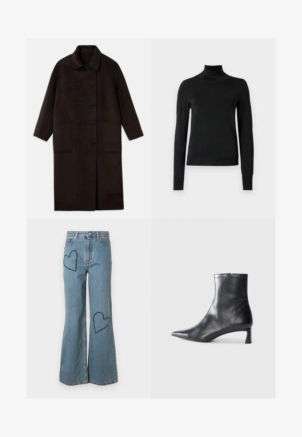 Dark brown, long wool coat with double-breasted buttons, wide collar, long sleeves, and two large front pockets.; Black long-sleeve turtleneck sweater with ribbed cuffs and hem, displayed on a plain white background.; Light blue denim flared jeans featuring two dark blue heart patches on the front. Classic five-pocket design with a button closure.; Black leather ankle boot with a pointed toe and a sleek design. Features a low heel and a zipper closure at the back. Smooth texture.