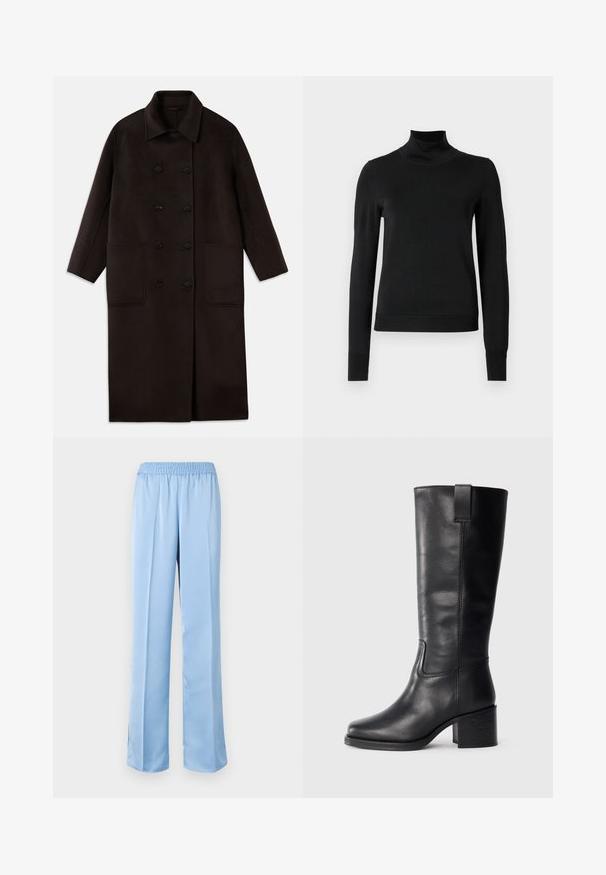 Dark brown, long wool coat with double-breasted buttons, wide collar, long sleeves, and two large front pockets.; Black long-sleeve turtleneck sweater with ribbed cuffs and hem, displayed on a plain white background.; Light blue, wide-leg pants with an elastic waistband. Smooth texture, plain design, and slightly flared hem with side slits at the bottom.; Black leather knee-high boots with a smooth texture, square toe, block heel, and side pull tab, featuring minimal stitching details.