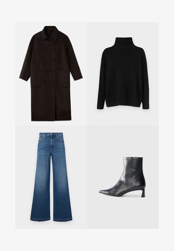 Tumši brūns, garš vilnas mētelis ar dubultām pogām, plašu apkakli, garām piedurknēm un divām lielām priekšējām kabatām.; Melnā trikotāžas džemperis ar augstu ribu apkakli, nolaistām plecu līnijām un vaļīgu piegriezumu. Ar rievotām aprocēm un apakšu tekstūras radīšanai.; Klasiskas platveida džinsu bikses tumši zilā krāsā ar augstu jostasvietu, piecām kabatām un skirtu malu, kas nodrošina brīvu piegriezumu un ikdienišķu izskatu.; Melnas ādas potītes zābaki ar norādītu pirkstu un elegantu dizainu. Iezīmē zemu papēdi un rāvējslēdzēja aizdari aizmugurē. Gluda tekstūra.