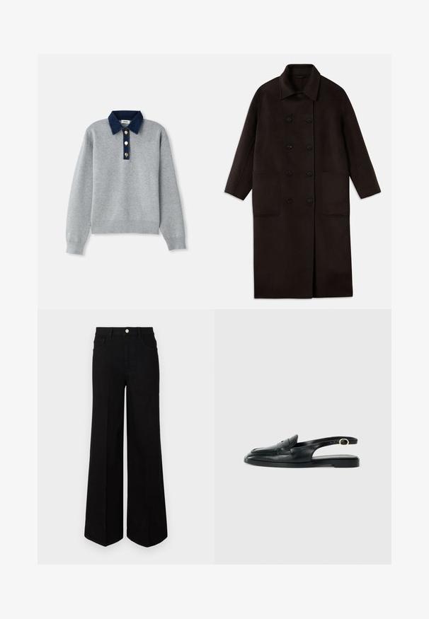 Dunkelbrauner, langer Wollmantel mit doppelreihigen Knöpfen, breitem Kragen, langen Ärmeln und zwei großen vorderen Taschen.; Grauer Pullover mit einem dunkelblauen Jeanskragen, drei goldenen Knöpfen und gerippten Bündchen. Weiche Textur mit einem lässigen Design.; Schwarze weit geschnittene Jeans aus strapazierfähigem Material, mit hoher Taille, Fronttaschen und einem Knopfverschluss vorne. Flacher Saum am Boden.; Schwarze Leder Slingback-Schuhe mit runder Spitze, flacher Sohle, seitlichem Ausschnitt und einem Riemen mit goldfarbener Hardware-Applikation.