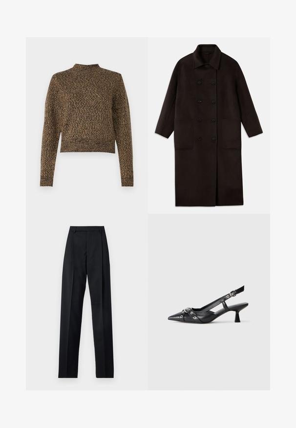 Casaco de lã longo, castanho escuro, com botões duplos, colarinho largo, mangas longas e dois grandes bolsos frontais.; Suéter de malha castanho com gola alta, mangas longas e um design cropped. Apresenta um padrão texturizado por toda a parte, acrescentando profundidade ao tecido.; Calças pretas feitas de um tecido suave, com uma cintura alta, pernas largas, pregas frontais e passadores de cinto clássicos. Não há bolsos laterais visíveis.; Sapato slingback em couro preto com biqueira fina, tiras decorativas com ilhós de metal e um pequeno salto quadrado. Superfície texturizada.