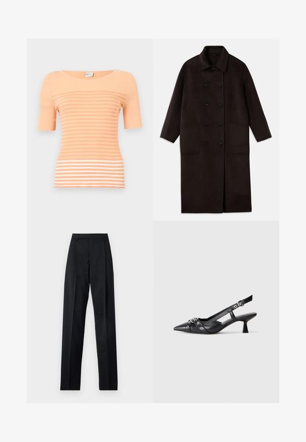 Tamsiai rudas, ilgas vilnonis paltas su dvigubais mygtukais, plačiu apykakle, ilgomis rankovėmis ir dviem didelėmis priekinėmis kišenėmis.; Persiko spalvos raštuotas marškinėliai su trumpomis rankovėmis. Yra horizontalių juostų, skirtingų atspalvių, kurios sudaro tekstūrinį raštą.; Juodos kelnės iš lygaus audinio, pasižyminčios aukštu liemeniu, plačiomis kojomis, priekinėmis klostėmis ir klasikiais diržo kilpomis. Šoninių kišenių nematyti.; Juodas odinis slingback tipo batai su smailiu priekiniu atvartu, dekoratyvinėmis sagtimis su metaliniais akyčiais ir žemu blokiniu kulnu. Saldus paviršius.