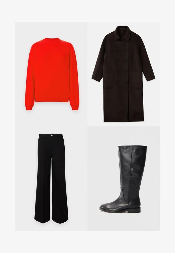 Tamno smeđi, dugi kaput od vune s dvostrukim dugmadi, širokim ovratnikom, dugim rukavima i dva velika prednja džepa.; Crvena pletena svična s okruglim izrezom, dugim rukavima i ravnim krojem. Izrađena od mekanog materijala s rebrastim manžetama i porubom.; Crne široke traperice od čvrstog materijala, s visokim strukom, prednjim džepovima i prednjim kopčanjem na dugme. Ravni rub na dnu.; Crne kožne čizme do koljena s niskim potpeticama i zaobljenim vrhom, s vidljivim šavovima duž cijevi i gornjeg dijela.