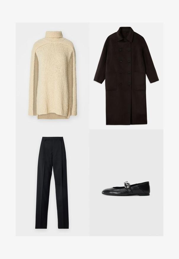 T tumedast pruunist villast pikk sulejope, millel on kahekordsed nööbid, lai krae, pikad varrukad ja kaks suurt esikot.; Beige, paksu kudumisega kampsun kõrge kaelusega, pikkade varrukatega ja külgmiste lõigetega. Tekstureeritud pind pehme ja hubase välimusega.; Mustad püksid siledast kangast, millel on kõrge vöökoht, laiad jalad, esimesed kortsud ja klassikalised vööloopid. Küljepockets pole nähtavad.; Mustadest nahast balleti kingad terava varbaga, millel on rihm ümmarguse metallist pandlaga ja lame tald.